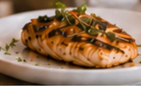 Charbroiled chicken on a white plate