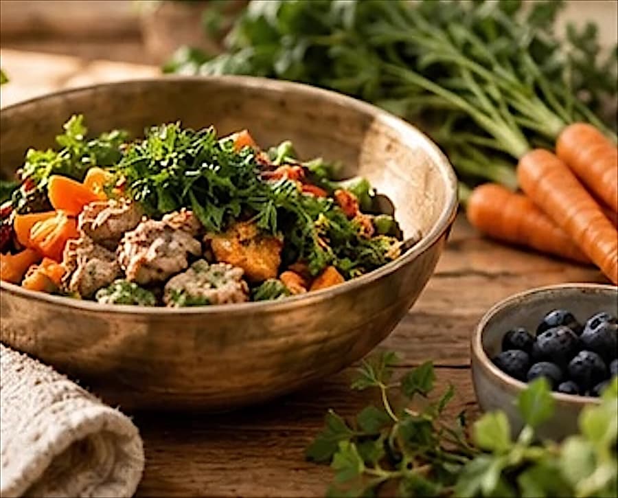 A bowl of fresh-cooked dog food with meat, carrots and greens, beside carrots and blueberries
