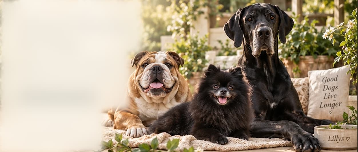 A bulldog, a black Pomeranian and a Great Dane resting together on a blanket in a sunny garden