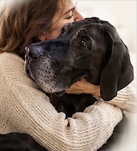A woman hugging a grey-muzzled black dog