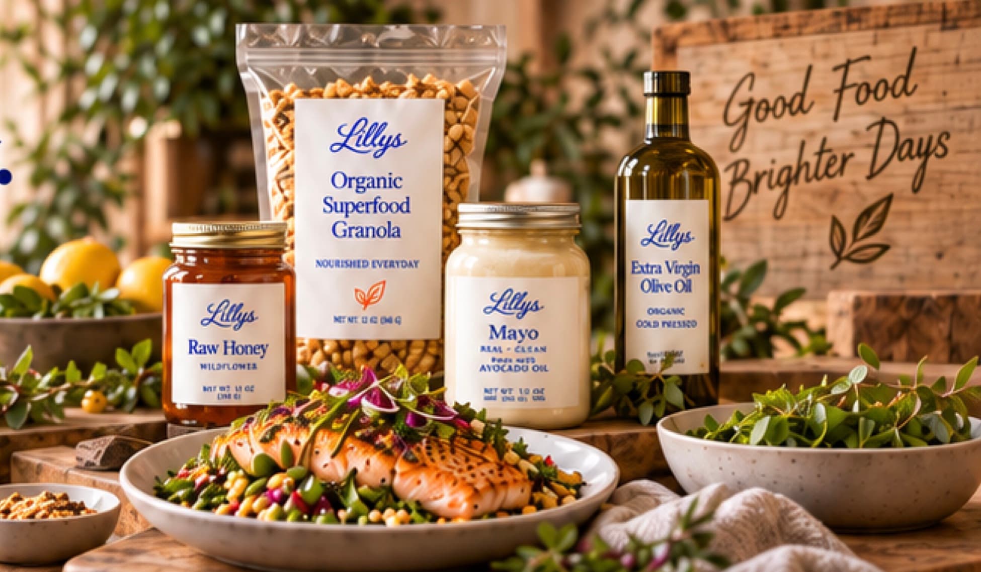 Lillys granola, raw honey, mayo and olive oil beside a plate of salmon and greens