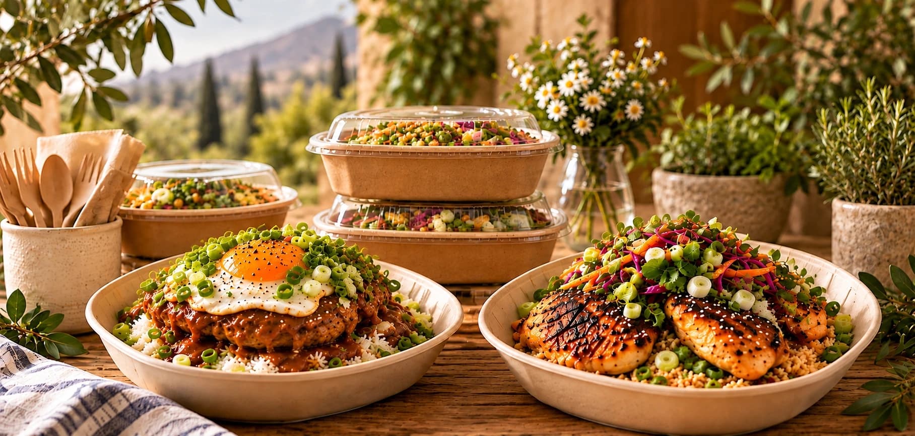 Loco moco and chargrilled chicken in takeaway bowls on a rustic outdoor table, with more meals, daisies and herbs behind
