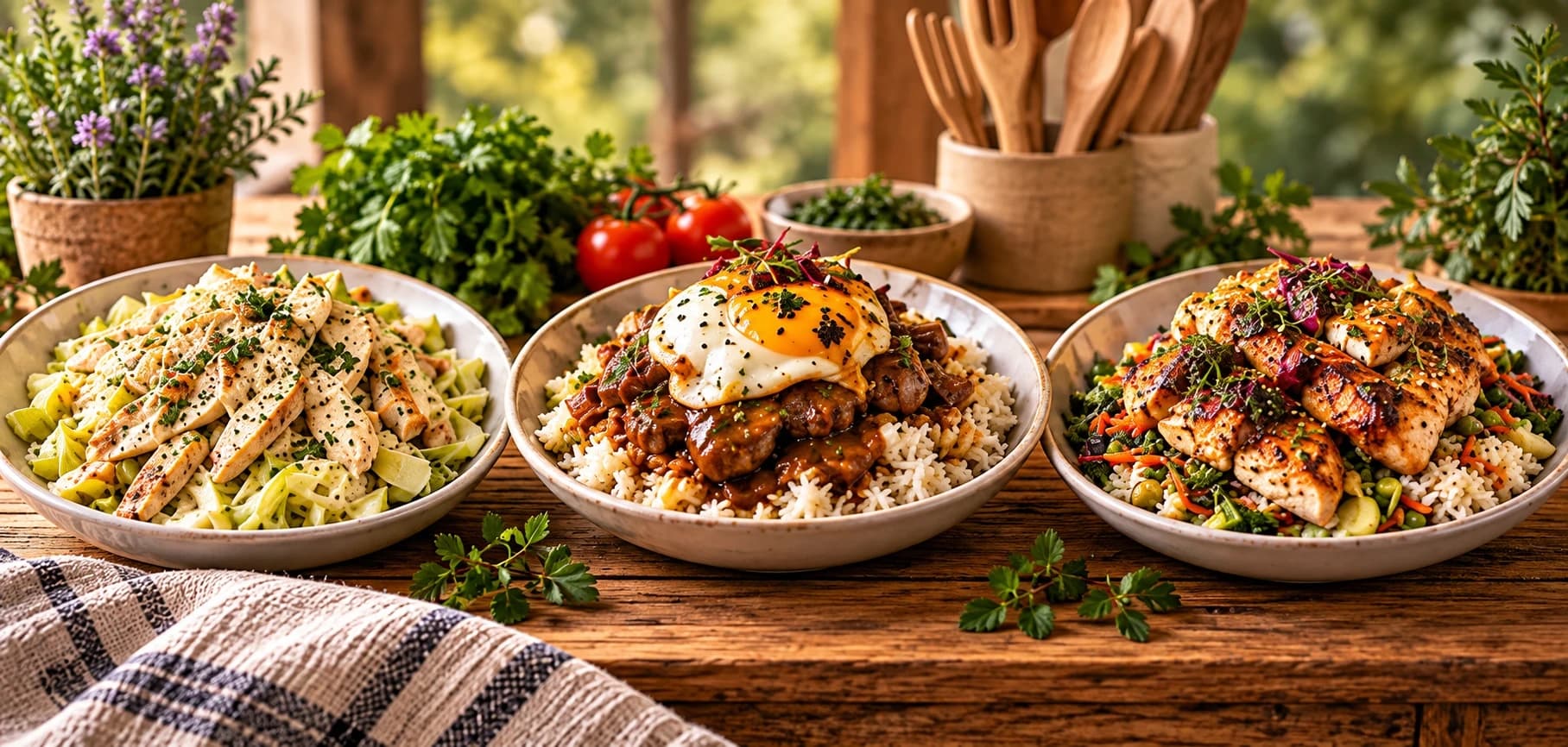 Chicken Alfredo, Loco Moco and charbroiled chicken thigh in bowls on a rustic wooden table with fresh herbs