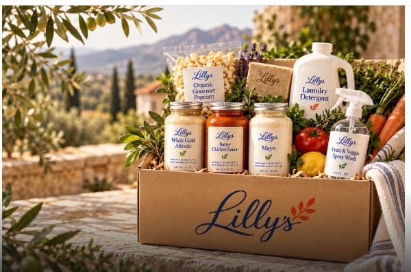 A Lilly's box filled with White Gold Alfredo, Butter Chicken Sauce, Mayo, popcorn, soap, laundry detergent and fruit and veggie spray wash