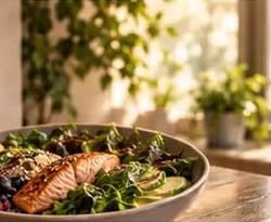 A bowl of salmon, greens and grains on a sunny kitchen table