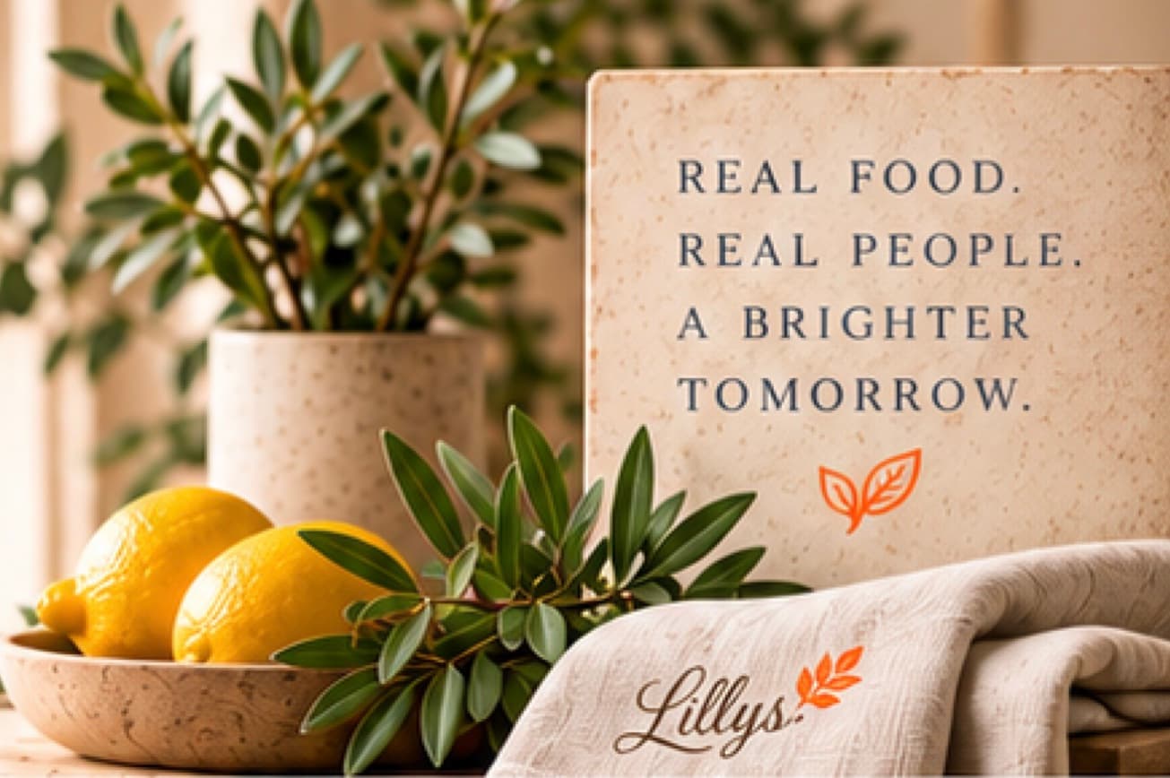 Lemons, olive branches and a Lillys tea towel on a kitchen counter