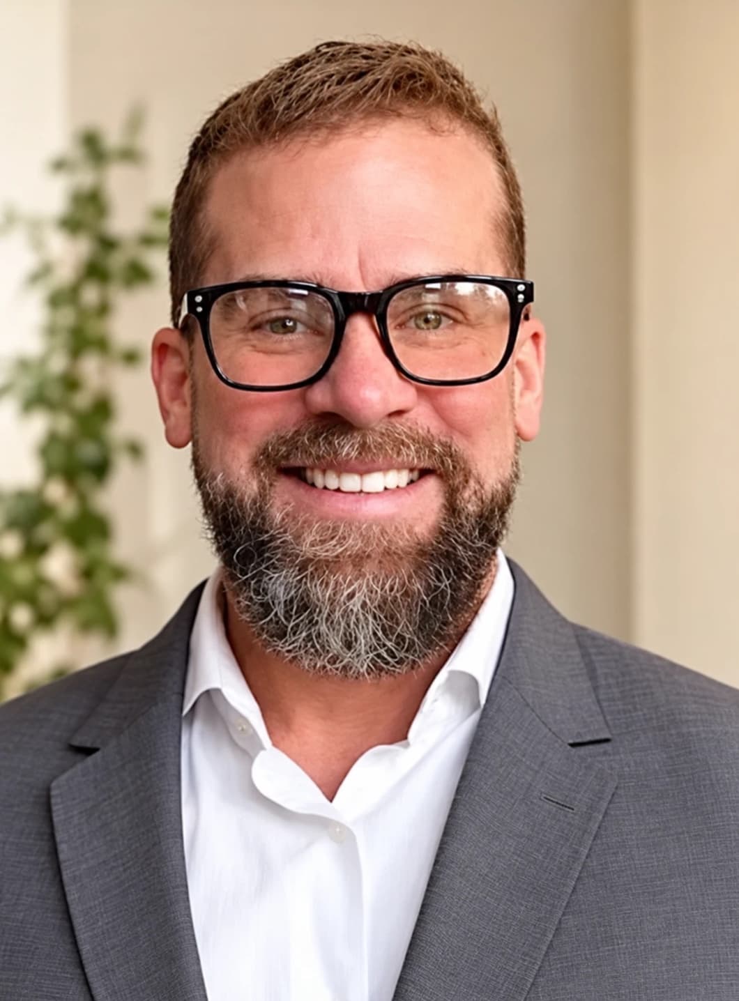 Tyler Gibson, smiling, in a grey blazer